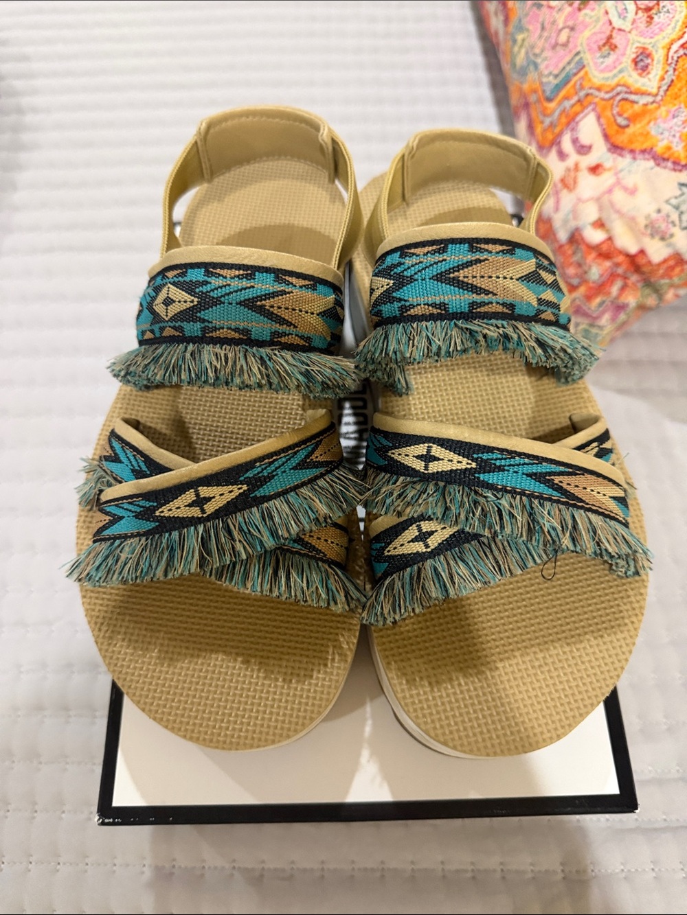 Teva Women's Beige Sandals with Teal Aztec Straps and Fringe